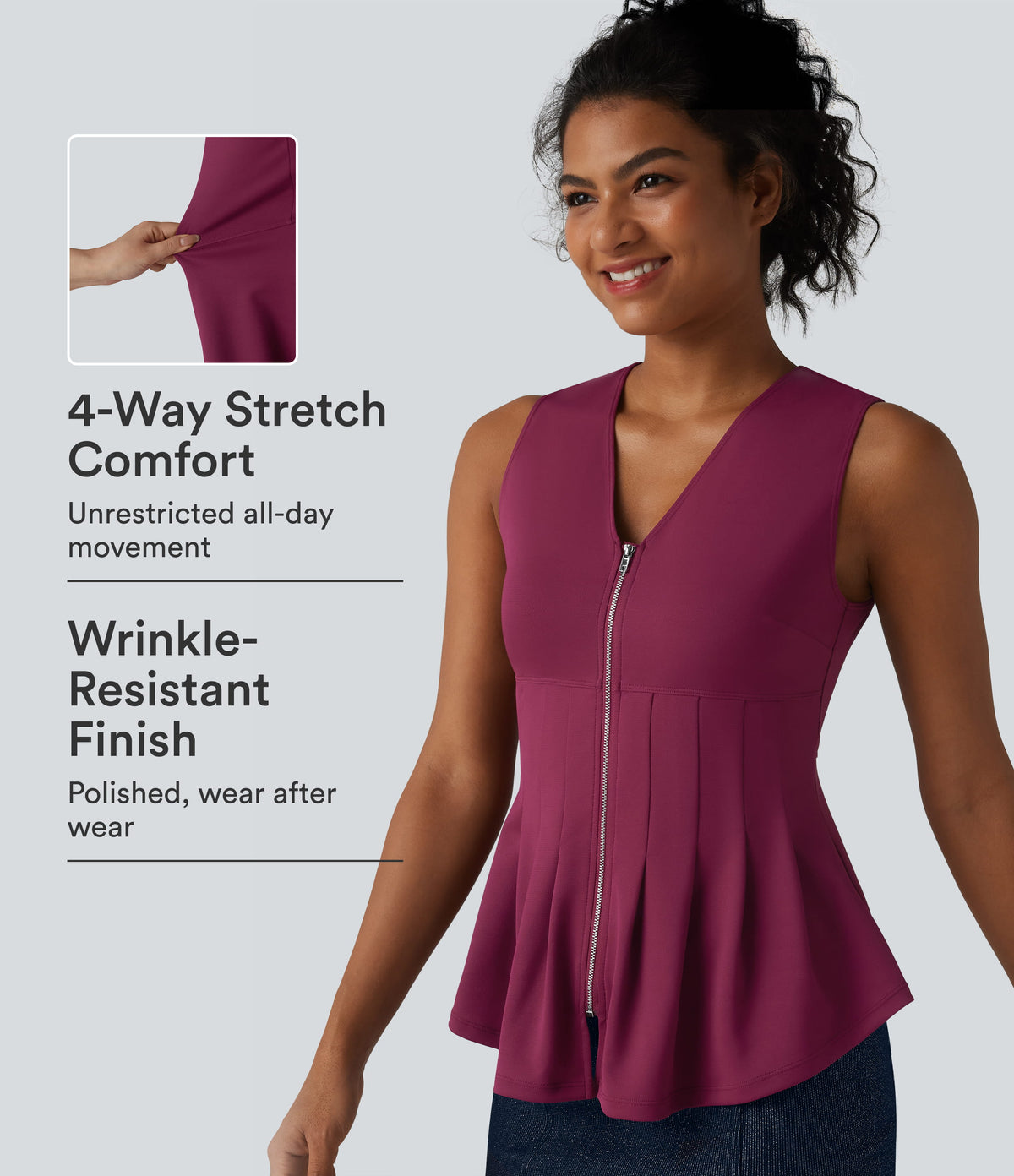 V Neck Zipper Crepe Casual Tank Top — Beaujolais — view 1