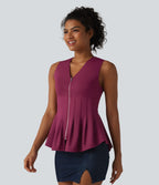 V Neck Zipper Crepe Casual Tank Top — Beaujolais — view 4