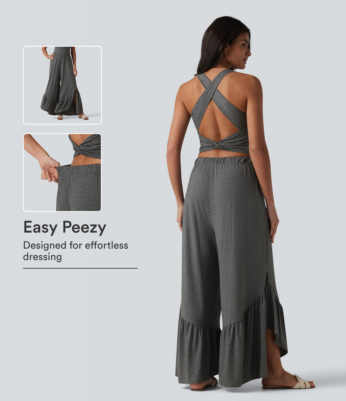 Crisscross Backless U-Neck Sleeveless Ruffle Hem Flowy Casual Jumpsuit with Pockets — Darl Gray Floral Yarn — view 1
