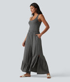 Crisscross Backless U-Neck Sleeveless Ruffle Hem Flowy Casual Jumpsuit with Pockets — Darl Gray Floral Yarn — view 3