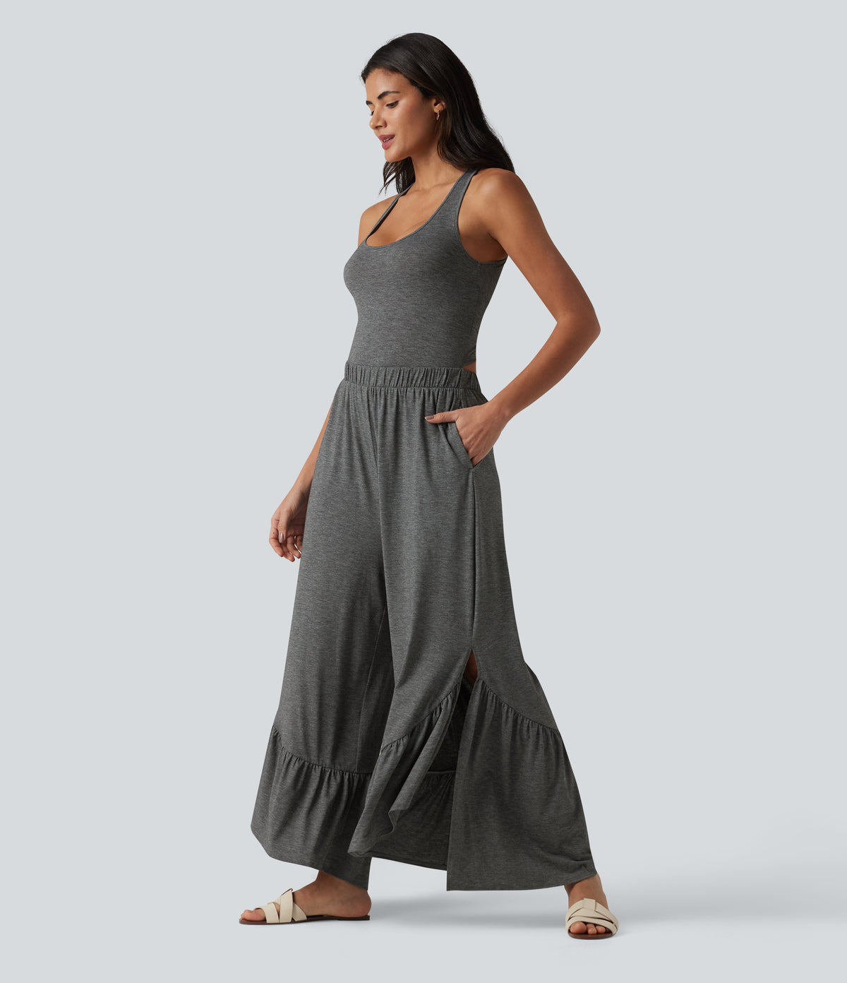 Crisscross Backless U-Neck Sleeveless Ruffle Hem Flowy Casual Jumpsuit with Pockets — Darl Gray Floral Yarn — view 3