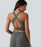 Crisscross Backless U-Neck Sleeveless Ruffle Hem Flowy Casual Jumpsuit with Pockets — Darl Gray Floral Yarn — view 5