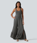 Crisscross Backless U-Neck Sleeveless Ruffle Hem Flowy Casual Jumpsuit with Pockets — Darl Gray Floral Yarn — view 2
