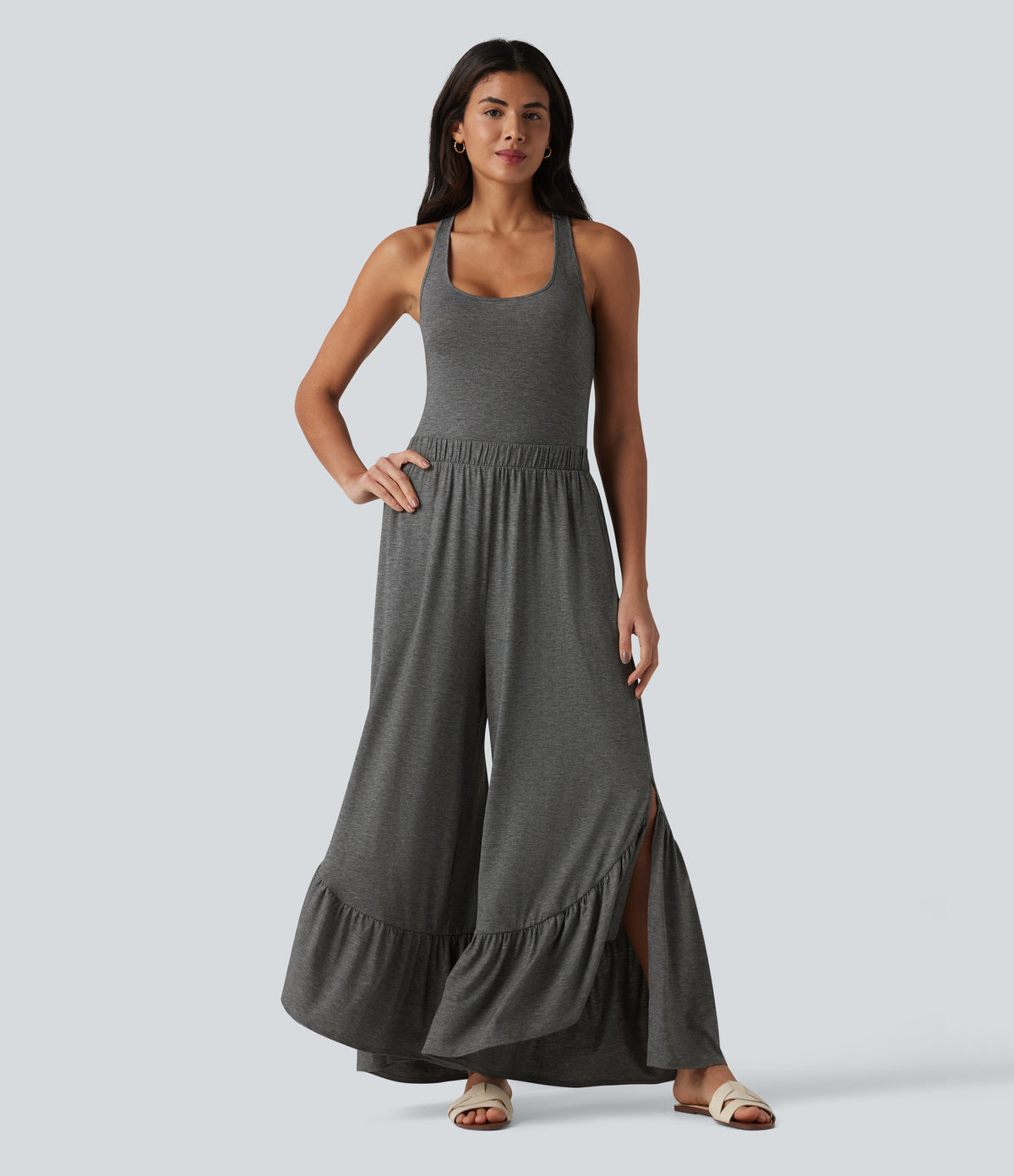 Crisscross Backless U-Neck Sleeveless Ruffle Hem Flowy Casual Jumpsuit with Pockets — Darl Gray Floral Yarn — view 2