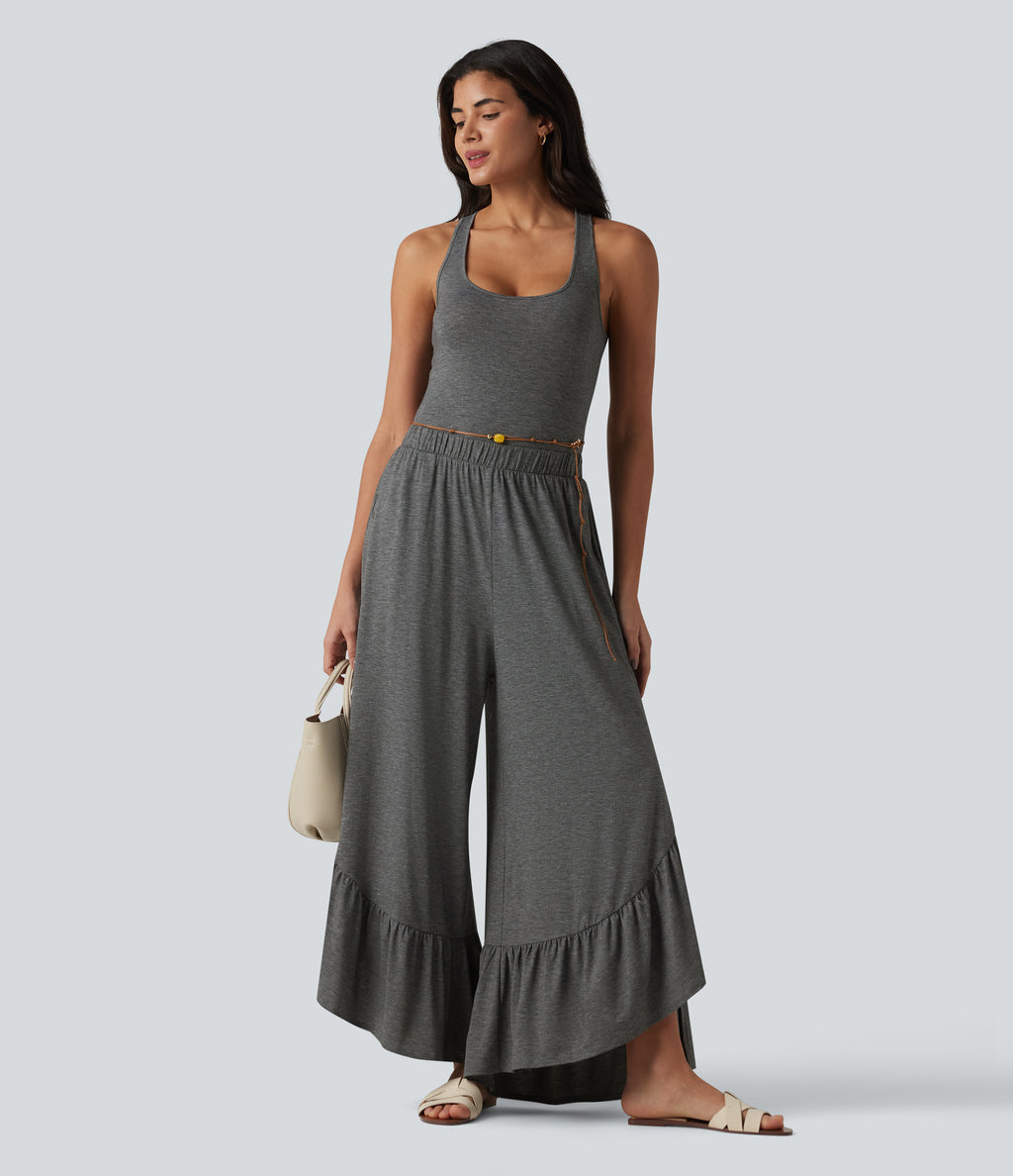 Crisscross Backless U-Neck Sleeveless Ruffle Hem Flowy Casual Jumpsuit with Pockets — Darl Gray Floral Yarn — view 8