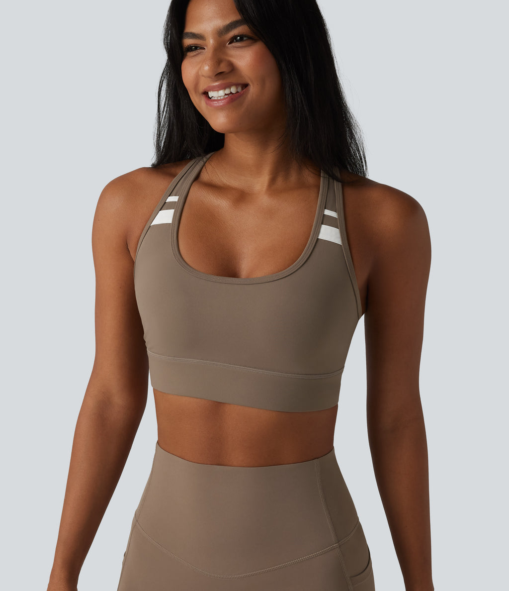 Medium Support Built-in Bra Racerback Color Block Training Sports Bra — Dawn Brown — view 5