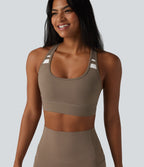 Medium Support Built-in Bra Racerback Color Block Training Sports Bra — Dawn Brown — view 5