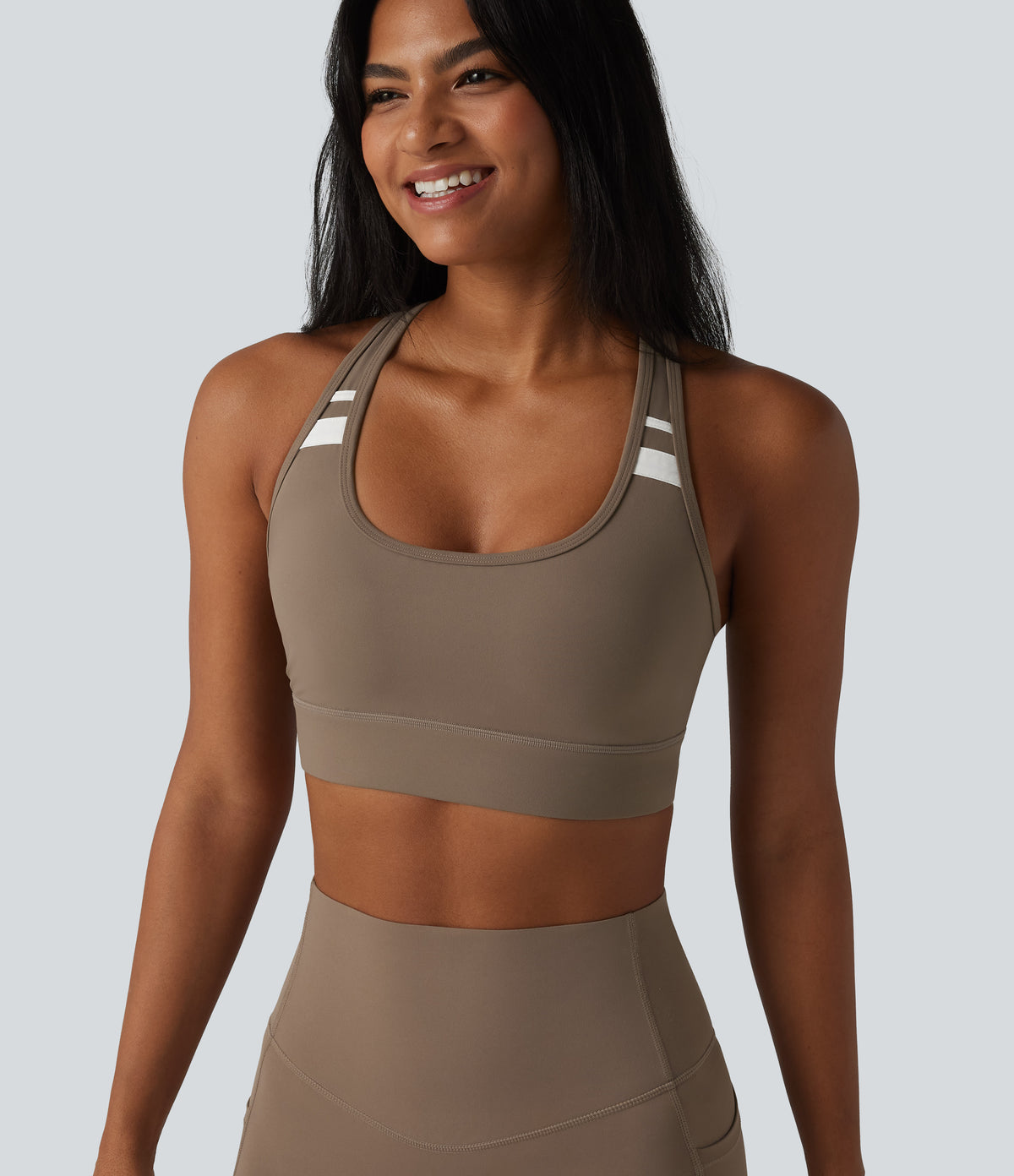 Medium Support Built-in Bra Racerback Color Block Training Sports Bra — Dawn Brown — view 5