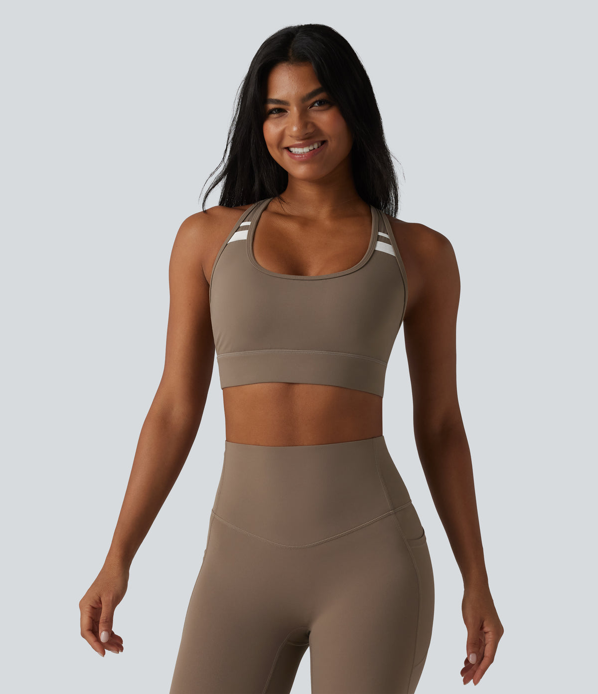 Medium Support Built-in Bra Racerback Color Block Training Sports Bra — Dawn Brown — view 2