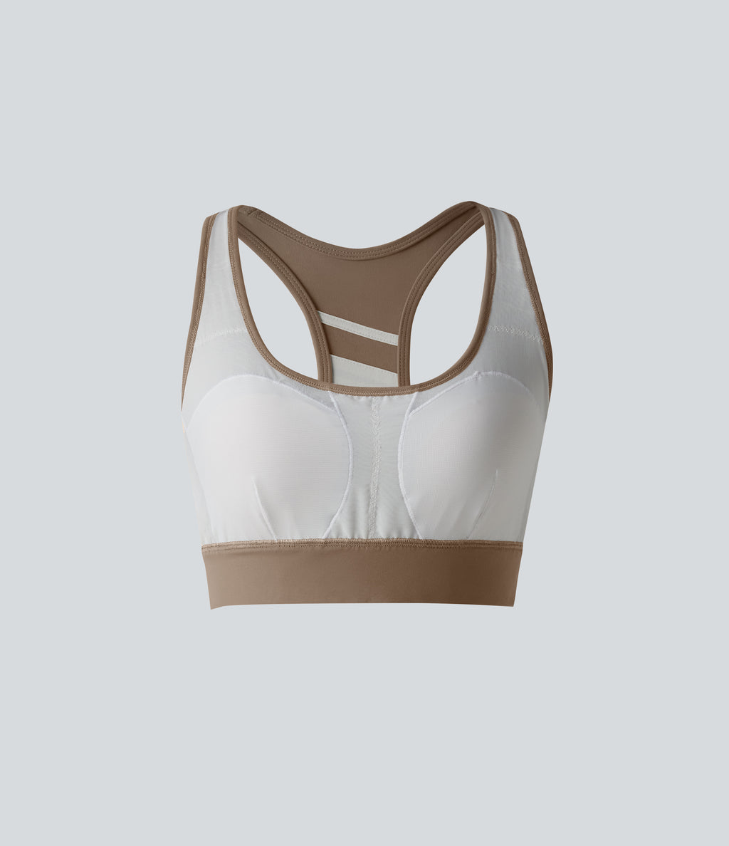 Medium Support Built-in Bra Racerback Color Block Training Sports Bra — Dawn Brown — view 7