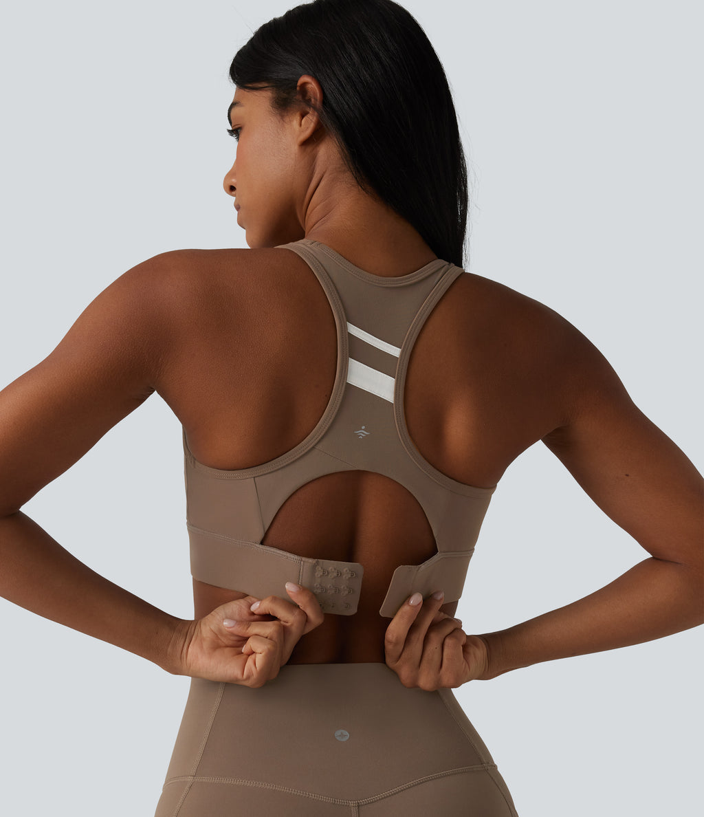 Medium Support Built-in Bra Racerback Color Block Training Sports Bra — Dawn Brown — view 1
