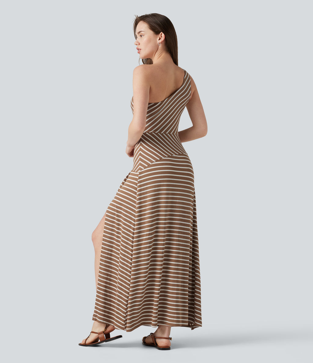 Ribbed Knit One Shoulder Sleeveless Stripe Maxi Casual Dress with Pocket — Birch Stripe — view 2