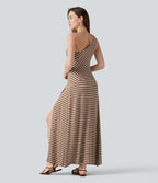 Ribbed Knit One Shoulder Sleeveless Stripe Maxi Casual Dress with Pocket — Birch Stripe — view 2