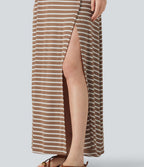 Ribbed Knit One Shoulder Sleeveless Stripe Maxi Casual Dress with Pocket — Birch Stripe — view 5