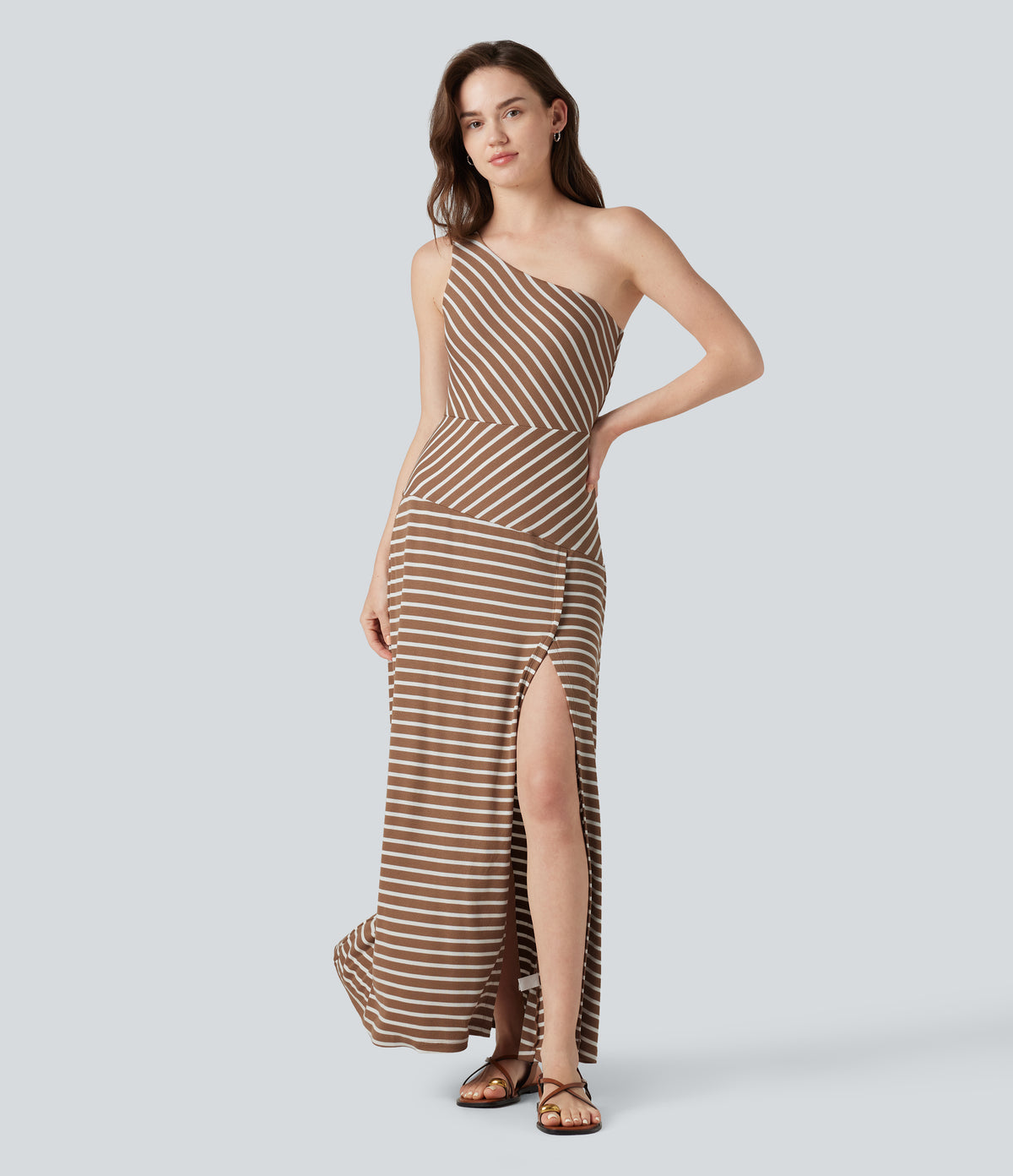 Ribbed Knit One Shoulder Sleeveless Stripe Maxi Casual Dress with Pocket — Birch Stripe — view 1