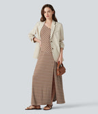 Ribbed Knit One Shoulder Sleeveless Stripe Maxi Casual Dress with Pocket — Birch Stripe — view 7