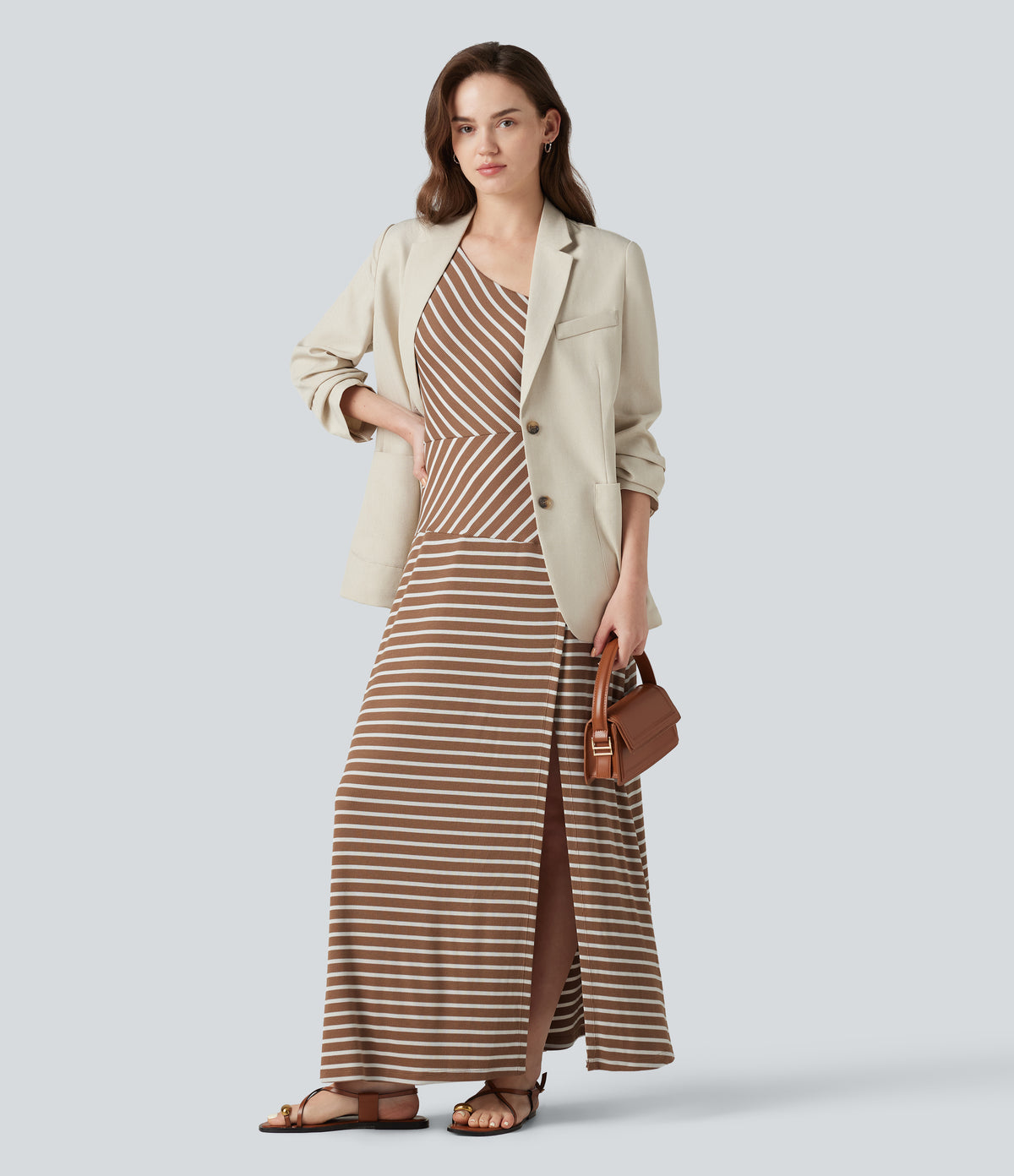 Ribbed Knit One Shoulder Sleeveless Stripe Maxi Casual Dress with Pocket — Birch Stripe — view 7