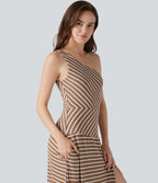 Ribbed Knit One Shoulder Sleeveless Stripe Maxi Casual Dress with Pocket — Birch Stripe — view 4