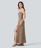Ribbed Knit One Shoulder Sleeveless Stripe Maxi Casual Dress with Pocket — Birch Stripe — view 3