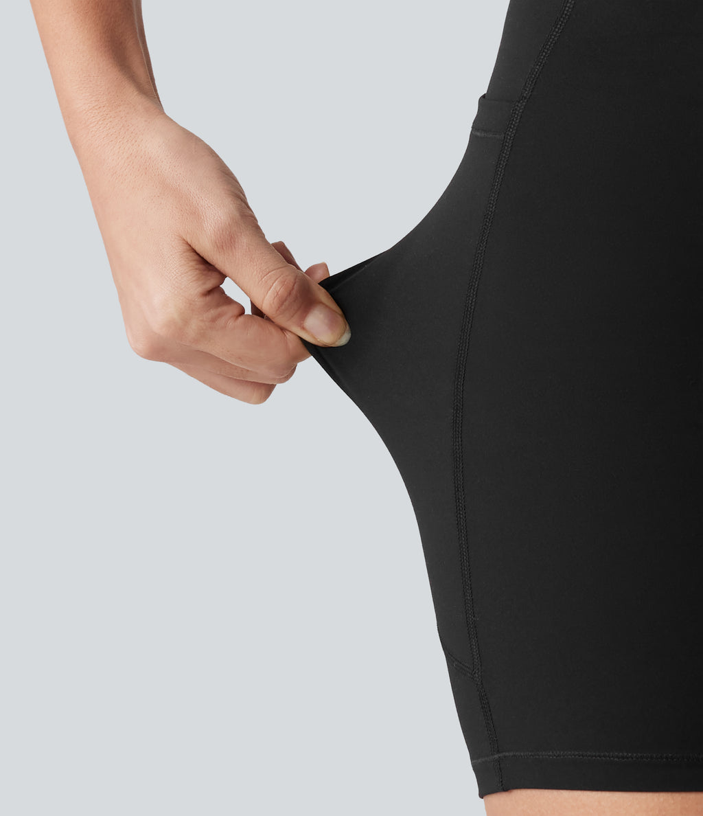 V-Shaped High Waisted Contrast Lace Yoga Biker Shorts 5'' with Pockets — Black — view 6