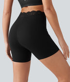 V-Shaped High Waisted Contrast Lace Yoga Biker Shorts 5'' with Pockets — Black — view 5