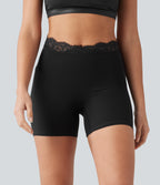 V-Shaped High Waisted Contrast Lace Yoga Biker Shorts 5'' with Pockets — Black — view 3
