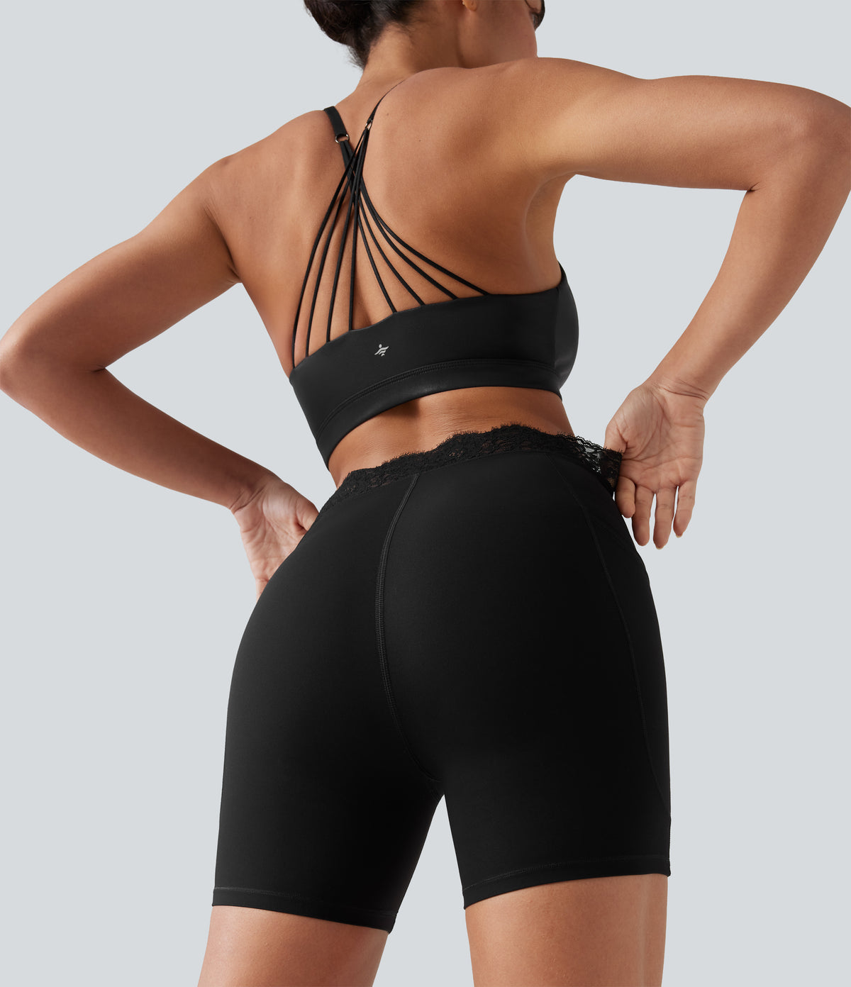 V-Shaped High Waisted Contrast Lace Yoga Biker Shorts 5'' with Pockets — Black — view 7