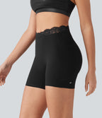 V-Shaped High Waisted Contrast Lace Yoga Biker Shorts 5'' with Pockets — Black — view 1
