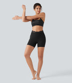V-Shaped High Waisted Contrast Lace Yoga Biker Shorts 5'' with Pockets — Black — view 8