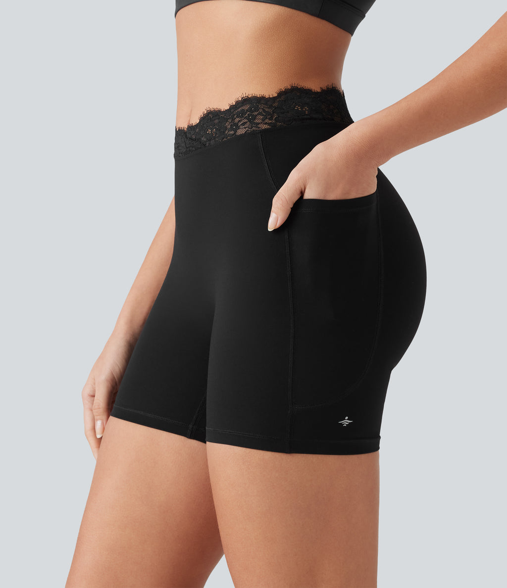 V-Shaped High Waisted Contrast Lace Yoga Biker Shorts 5'' with Pockets — Black — view 4