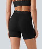 V-Shaped High Waisted Contrast Lace Yoga Biker Shorts 5'' with Pockets — Black — view 2
