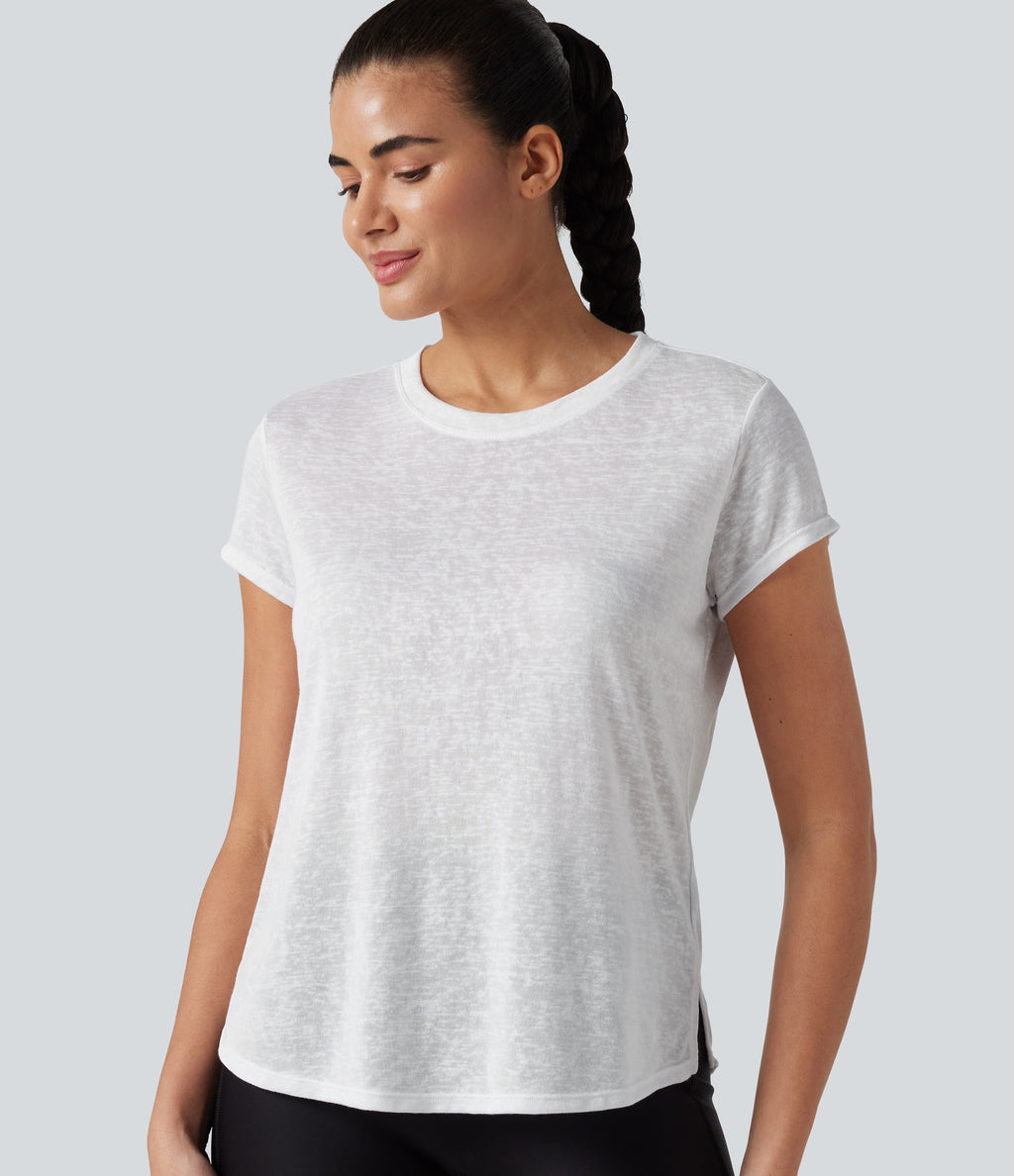 Round Neck Short Sleeve Curved Hem Yoga Sports Top — White — view 1