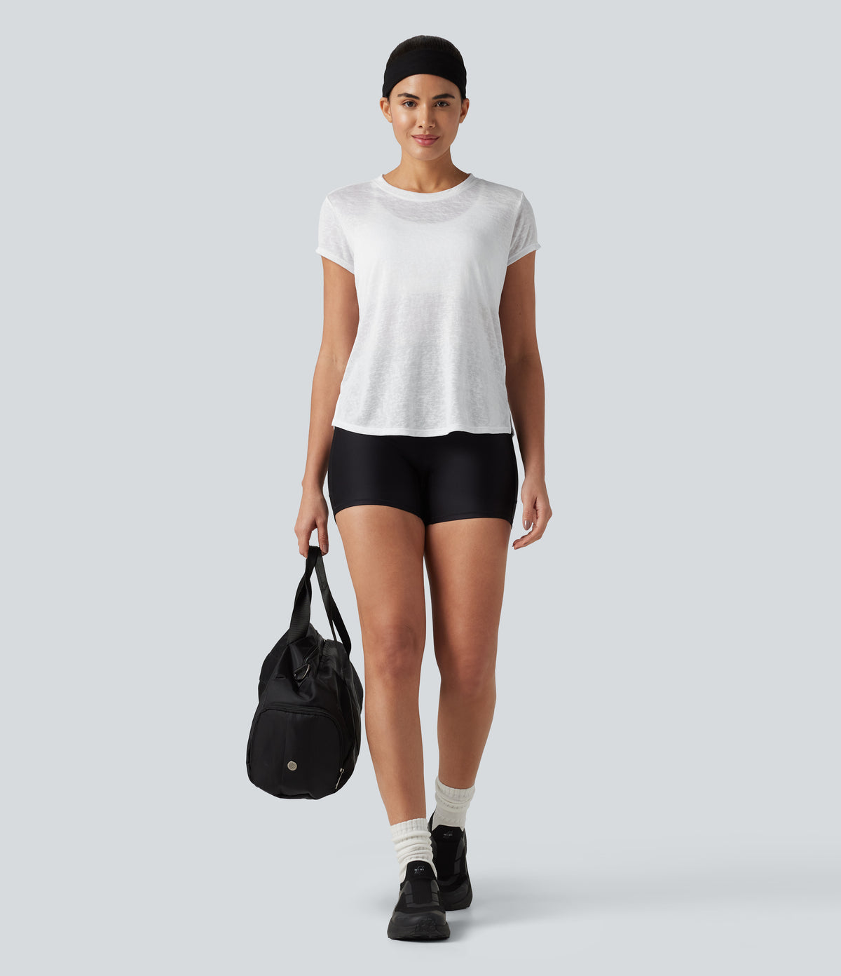 Round Neck Short Sleeve Curved Hem Yoga Sports Top — White — view 8