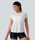Round Neck Short Sleeve Curved Hem Yoga Sports Top — White — view 7