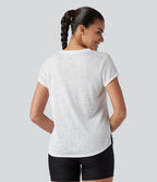 Round Neck Short Sleeve Curved Hem Yoga Sports Top — White — view 2