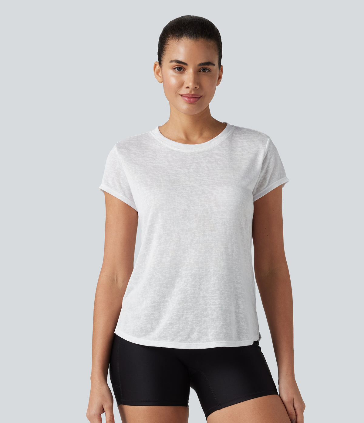Round Neck Short Sleeve Curved Hem Yoga Sports Top — White — view 3