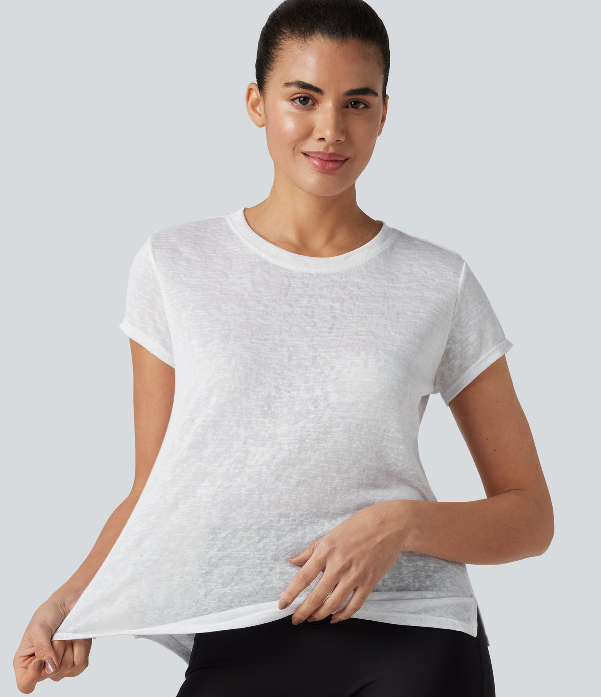 Round Neck Short Sleeve Curved Hem Yoga Sports Top — White — view 5