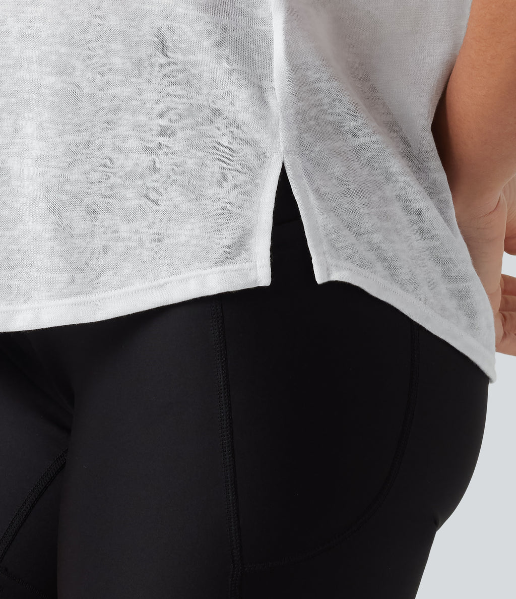 Round Neck Short Sleeve Curved Hem Yoga Sports Top — White — view 6