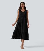 V Neck Sleeveless Midi Casual Dress — Black — view 8