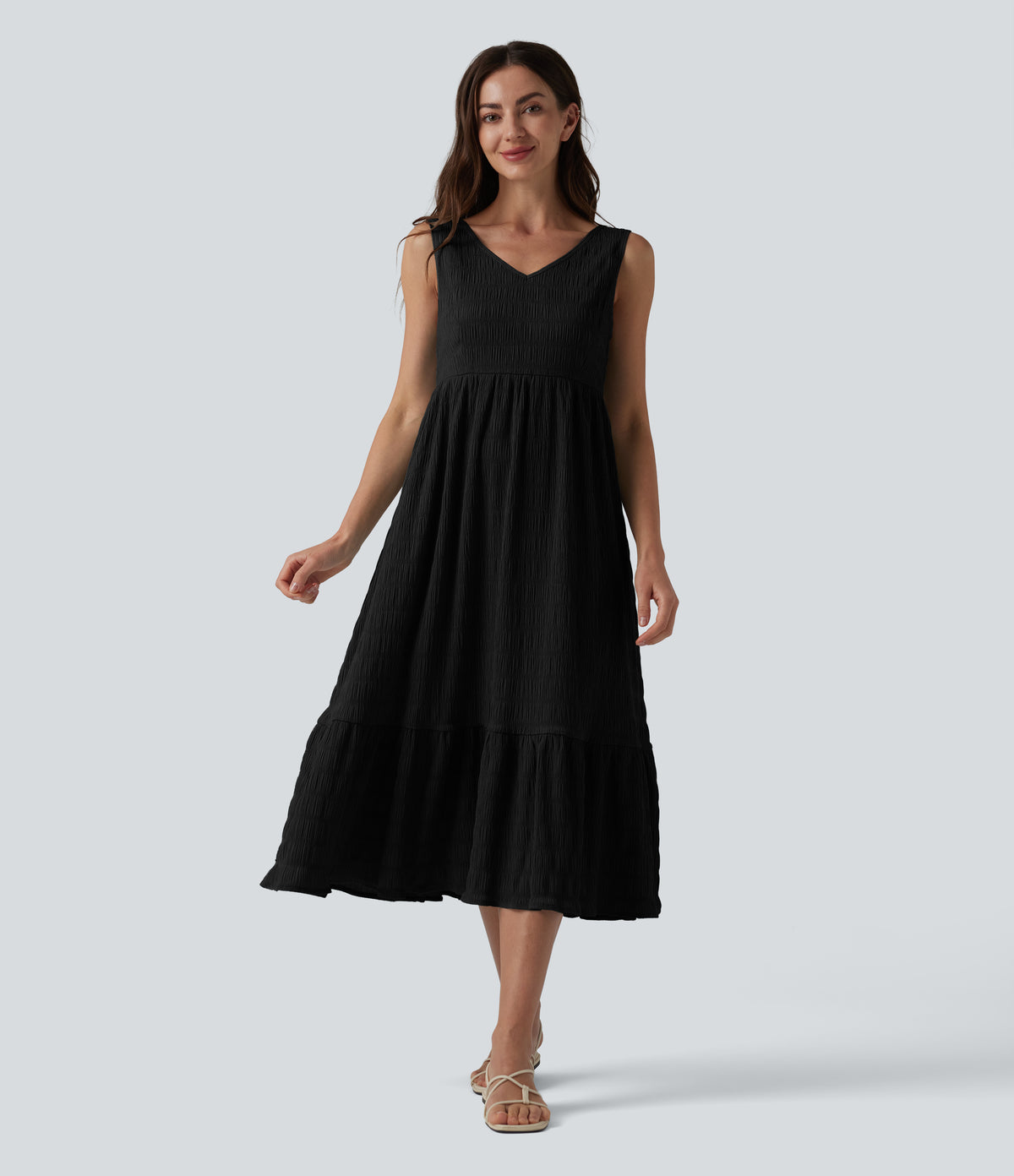 V Neck Sleeveless Midi Casual Dress — Black — view 8