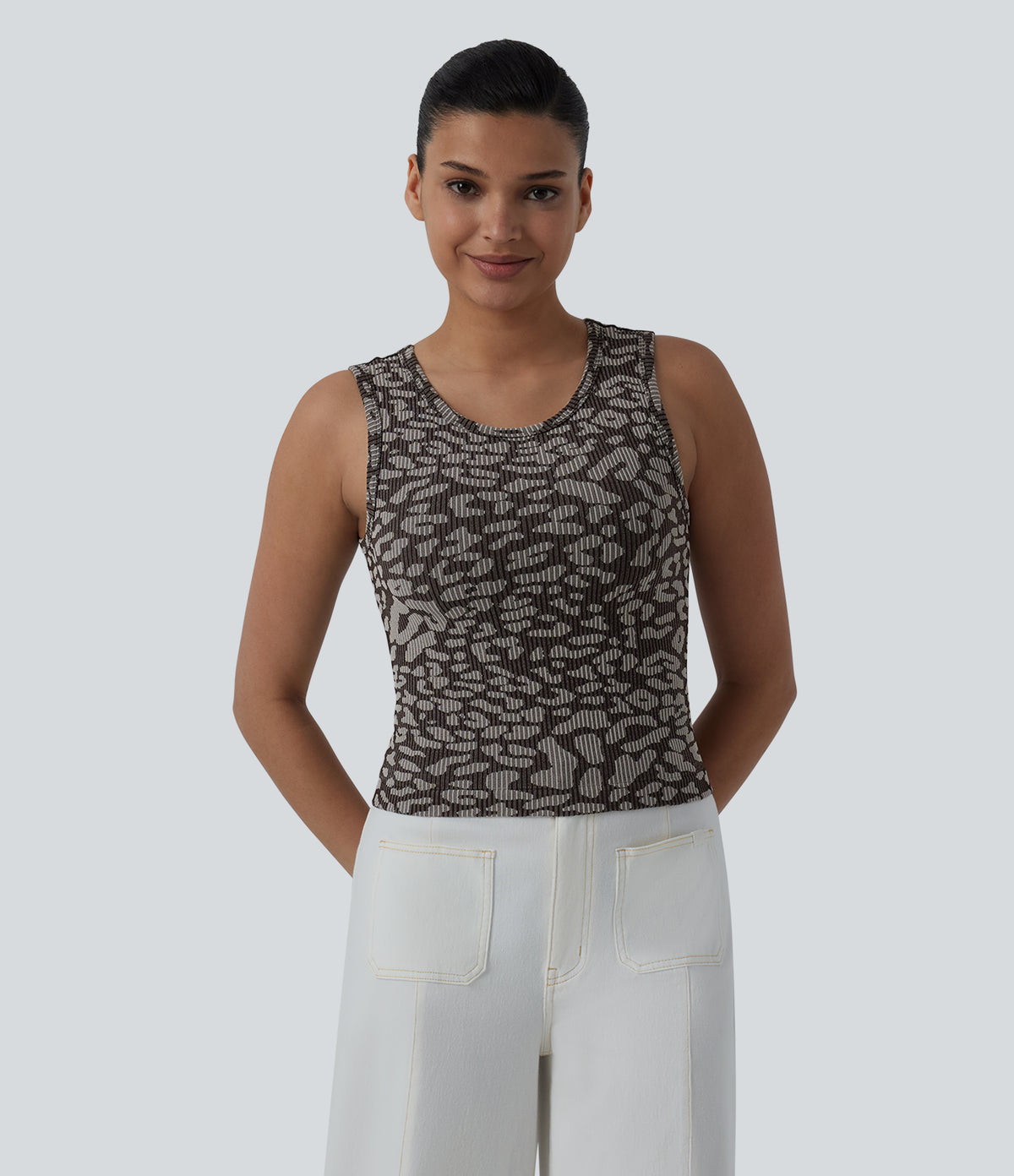 OneForm Seamless Flow Round Neck Leopard Print Casual Tank Top — Silver Leopard Print — view 3