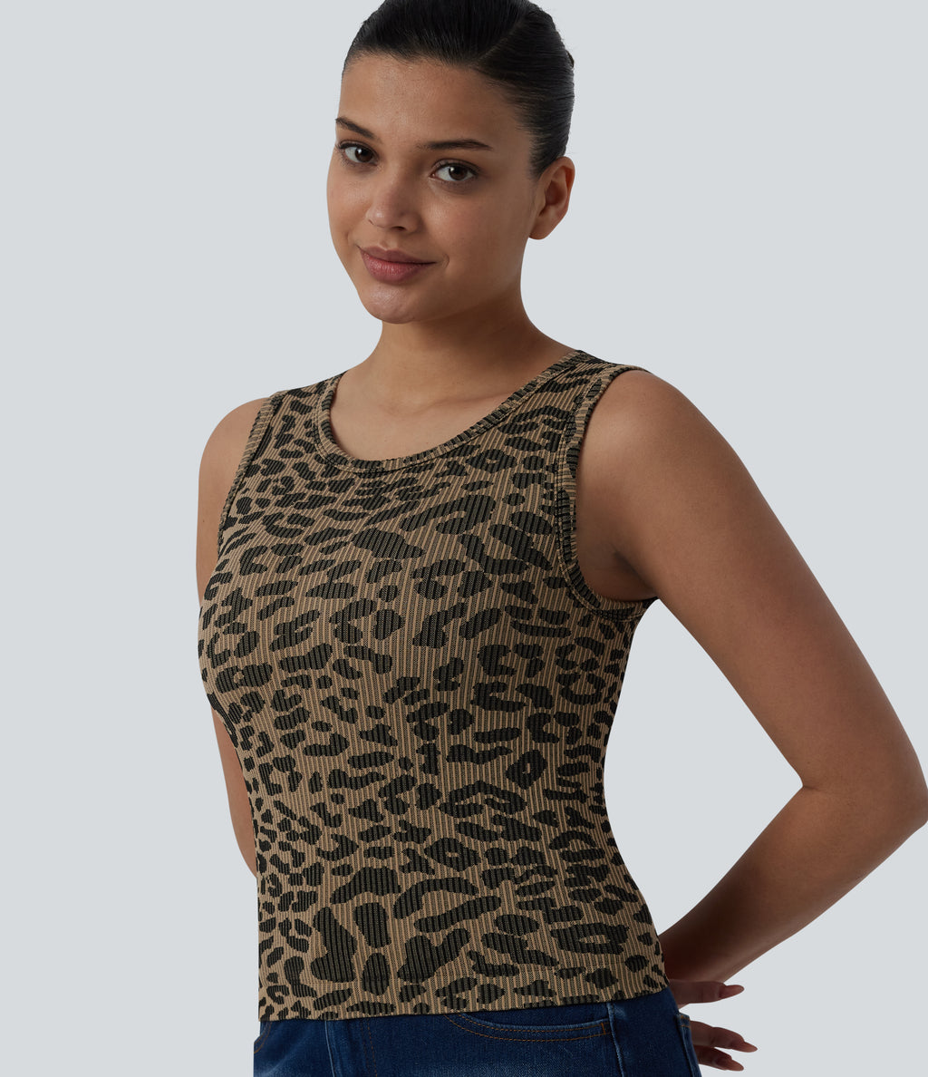 OneForm Seamless Flow Round Neck Leopard Print Casual Tank Top — Gold Leopard Print — view 6