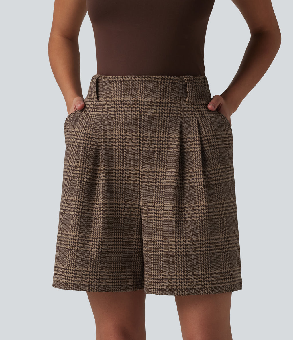High Waisted Baggy Plaid Work Shorts with Pockets — Ambercheck Noir — view 3