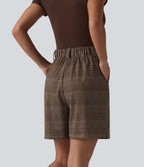 High Waisted Baggy Plaid Work Shorts with Pockets — Ambercheck Noir — view 5