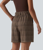 High Waisted Baggy Plaid Work Shorts with Pockets — Ambercheck Noir — view 2