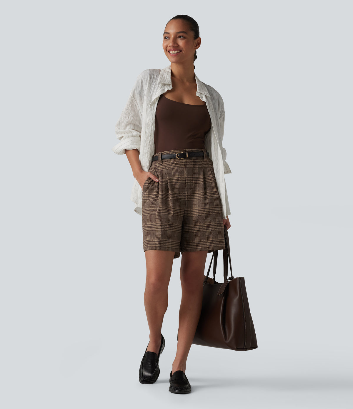 High Waisted Baggy Plaid Work Shorts with Pockets — Ambercheck Noir — view 6