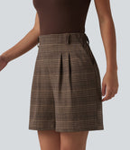 High Waisted Baggy Plaid Work Shorts with Pockets — Ambercheck Noir — view 1