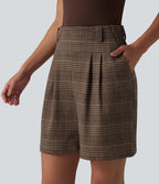 High Waisted Baggy Plaid Work Shorts with Pockets — Ambercheck Noir — view 4