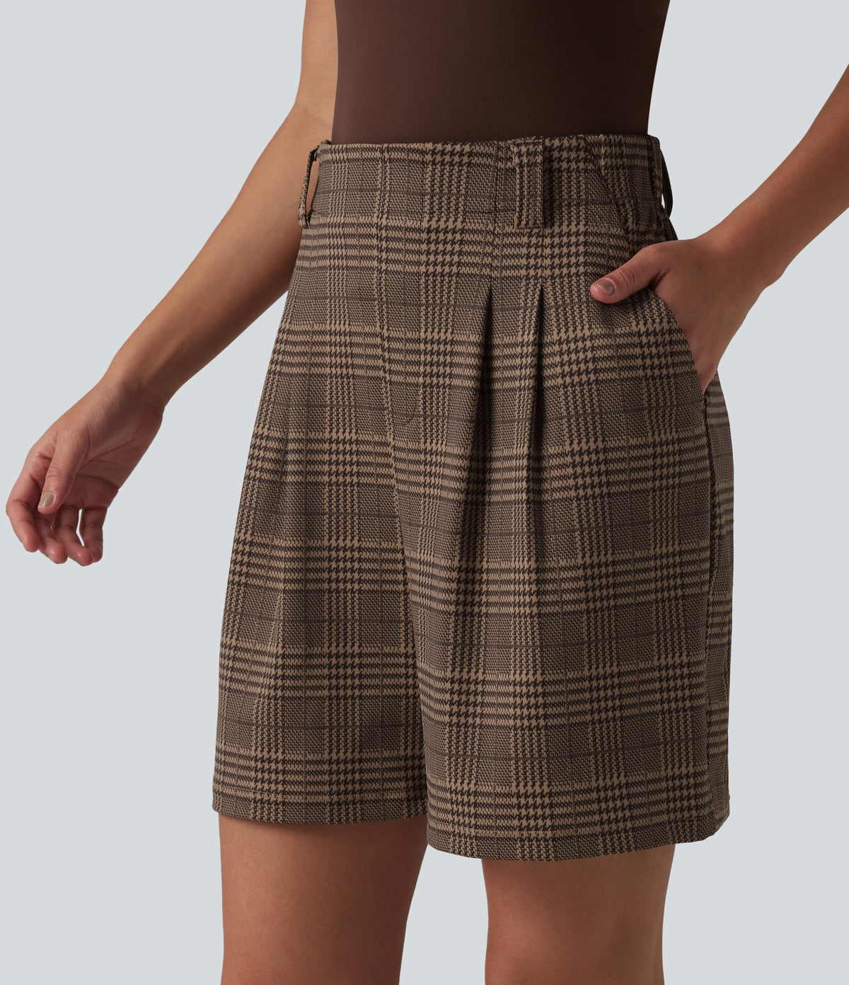 High Waisted Baggy Plaid Work Shorts with Pockets — Ambercheck Noir — view 4
