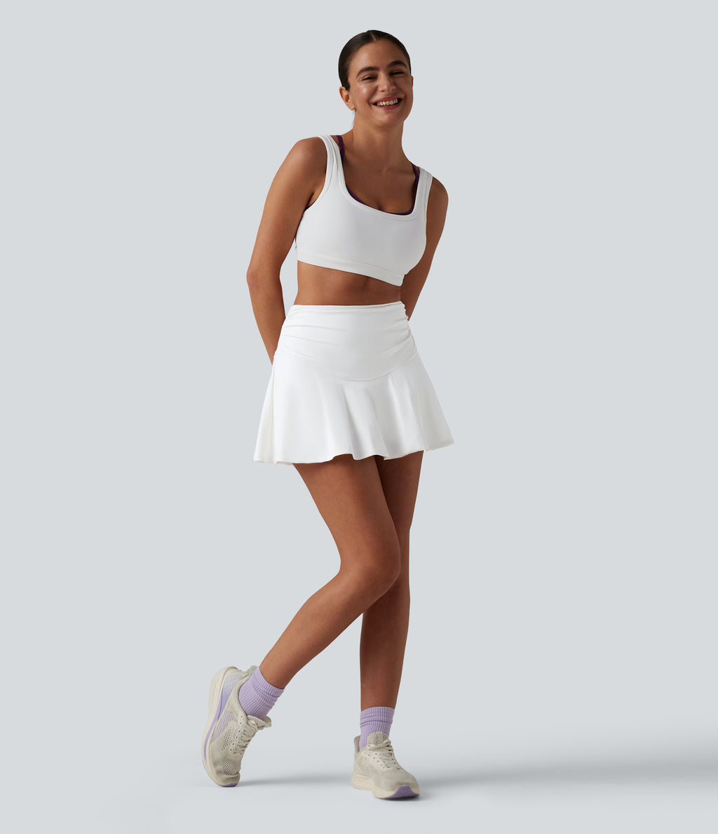 High Waisted Ruched Tummy Control 2-in-1 InstantCool Quick Dry Mini Workout A-Line Skirt with Pockets-UPF50+ — White — view 6